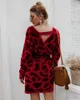 Женская средняя длина свободный ремень удобный теплый свитер зимнее платье чистый леопардовый принт тонкий v шеи сексуальный ягодиц 030403