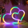 Enseigne au néon LED double cœur USB à piles romantique arc-en-ciel décoration murale suspendue signes lumineux pour fête de mariage anniversaire