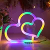 Letrero de neón LED con doble corazón, funciona con batería USB, decoración colgante de pared de arco iris romántico, señales luminosas para fiesta de boda y cumpleaños