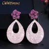 Fancy Micro Pave Red Pink Cubic Zirconia Long Big Rose Flower Drop Wedding Earrings for Women Party Jewelry CZ696 210714