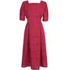 PERHAPS U Red Plaid Square Collar Short Sleeve Puff Sleeve Midi Dress Mid Calf Summer Vintage Retro Elegant D0382 210529