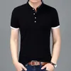 Летняя мода бренд одежда футболка мужская сплошной цвет тонкий подходит с коротким рукавом футболка мандарин воротник повседневная футболки 210721