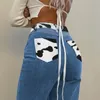 Dambyxor Capris Patchwork Cow Print Jeans Kvinnor Y2K Casual High Waisted Harajuku 90s Black Long Trousers Ladies Street