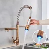 Rozina LED Light Kitchen Kamienny Rose Gold Led Pull Down Spring Kitchen baterie Dual Swivel Spout Crane Cold Water Miteber Taps 210724