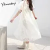 Yitimuceng белые платья для женщин Муслин кружева MIDI платье с высокой талией моды слоеного рукава каваи сарафана лето корейский 210601