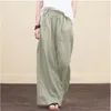 Frauen Herbst Frühling Solide Baumwolle Leinen Breite Bein Hosen Casual Hohe Taille Palazzo Lose Tasche Hosen Lange Pantalon Plus Größe 210925