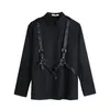 Neploe Vintage Long Sleeve Black Blouse Harajuku Women Men Shirt Autumn Korean Bandage Blusas Medium-long Tops Coat 55503 21302