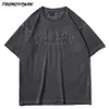 Camiseta Masculina Lavada Bordada Letras Verão Manga Curta Hip Hop Algodão Oversized Casual Harajuku Streetwear Top Tshirts 210601