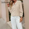 Sollinarry Herbst Büro Dame Gingham Quadrat Muster Hemd Frauen Casual V-ausschnitt Braun Dünne Bluse Weibliche Regelmäßige Ärmel Top 210709