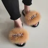 Sommar Sexig Real Fur Diamond Chain Fluffy Slides Inomhus Hem Flat Skor Casual Toffles