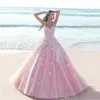Party Dresses Sexy Różowa Suknia Wieczorowa Długie 3D Kwiatowe Aplikacje Suknia Balowa Tulle Sweet 16 Girls Celebrity Formalny Elegancki