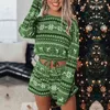 Pigiama natalizio da donna Set manica lunga Crop Top Pantaloncini 2 pezzi Xmas Snowflake Print Knit Fall Homewear 211215