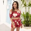 Kvinnors träningsdräkter Summer Slash Neck Floral 2 Pieces Set Women 2021 Casual Off The Shoulder Crop Top Pants Suits Ladies Sexy Shorts Co-Ords