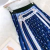 SURMIITRO été Midi longue jupe plissée femmes Style coréen Vintage bleu imprimé taille haute mi-longue une ligne jupe femme 210712