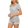 Summer Lingerie Sleepwear Women Casual Short Sleeve Nightgown two pieces Pajama Set Striped V-neck Nightwear Q0706