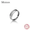 Mode 925 Sterling Silver Simple Hollow Out Geometric Multilayer Line Opening Finger Ring För Kvinnor Fina Smycken Bijoux 210707