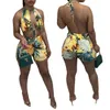 Holiday Beach Style Women Sexy Leaf Printing Jumpsuits Halter Ärmlös Lace-up Backless Short Rompers Summer Ankomster 210525