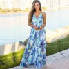 Spring Summer Sexy Casual Women Long Dress High Waist V-Neck Open Back Sleeveless Holiday Beach Sling Print Robes Halter 210623