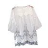 Vanovich algodão blusas e tops verão verão costura oca bordada rodada colarinho mulheres vestuário moda casual 210615