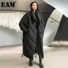 [EAM]ルーズフィットブラックロングダウンジャケットスタンドカラースリーブ暖かい女性パーカーファッション秋冬1DD1640 211011