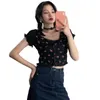 여성용 티셔츠 Efinny 한국어 스타일 여름 꽃 프린트 티셔츠 O 넥 레이스 버튼 짧은 노출 된 배꼽 꼭대기 귀여운 반팔 니트