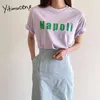 Yitimuceng Letter Print T Shirts Kvinna Oversize Casual Tees Harajuku Ljus Lila Vit Gul Top Sommar Mode Shirts 210601