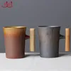 Caneca de café cerâmica vintage estilo japonês copo de leite com alça de madeira 204f