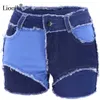Liooil Patchwork Cotton Tassel Sexy Denim Shorts Women Mid Waist Summer Streetwear Pockets Color Block Skinny Jean 210719