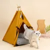 Pet Tent voor Honden Puppy Kat Bed Geel Canvas Hond Leuke Huis Pet Tipi met kussen, 30 inch lang, voor huisdieren tot 15 pond 210722