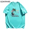 GONTHWID T-shirts Harajuku Stickerei Pinguin Delphin Kokosnuss Baum Streetwear T-shirts Hip Hop Mode Kurzarm Baumwolle Tops C0315