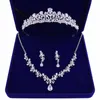 Kolczyki Naszyjnik E56A Ślub Bridal Crystal Cluster Cyrkon Dangle Crown Tiara Biżuteria Zestaw z Pudełko (Silver / Gold)