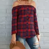 Vrouwen Plaid Shirt Sexy Off Schouder Lange Mouw Tops Shirt Slash Neck Office Dames Blouses Casual Losse Shirts Blusas Femininos 210308