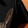 女性ファッションダイヤモンド半袖Tシャツ夏ブラックパーソナリティルースTシャツ女性韓国のプラスサイズトップスTES TX161 210306