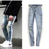 Heren jeans man 'zij streep rits designer ins stretch gebroken gat zwart hiphop sportkleding elastische taillegelaars broek mode stollingen