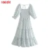 Tangada mode kvinnor blommor tryck vintage klänning puff kort ärm tillbaka båge casual damer midi klänning 8m24 210609