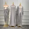 Abbigliamento etnico Donna Moda Musulmano Set 3 pezzi Abito abbinato Abito senza maniche Gonna a portafoglio Pipistrello Kimono Aperto Abaya Dubai Arab222B