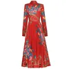 2023 Mode Boog Kraag Geplooide Jurk Vrouwen Designer Lange Mouwen Kant Patchwork Runway Retro Bloemen Party Midi Jurken Lente Aut312F