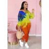 Women's Two Piece Pants Autumn Style Loose Plus Size Fashion Tie-dye V-neck Zipper Long-sleeved Trousers Jumpsuit Skinny