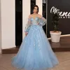 Light Blue Evening Dresses Off Shoulder Long Sleeves Illusion Lace Appliqued 3D Floral Tulle Poet Prom Dress Robe De Marie Party Custom Gowns