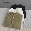 Simple Design Solid Colors Long Sleeve Shirts Korean Fashion Mandarin Collar 100% Cotton White Black Shirt Soft and Comfort 210626