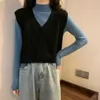 Kamizelka Sweterowa Yedinas Dziewczyna Kamizelka Kobiety Jumper V Neck Sweter Kamizelki Dzianiny Preppy Styl Solidna Bez Rękawów Crop Top Koreański Krótki Outwear 210527