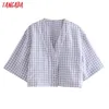 Tangada, camisa corta con estampado de cuadros púrpura Retro para mujer, camisa informal elegante de verano de manga corta para mujer, Tops QD20 210609