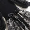 봄 패션 여성 랜턴 슬리브 뜨개질 패치 워크 자수 메쉬 드레스 긴 소매 옷 우아한 파티 가운 femme 210601