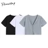 Yitimuceng boutonné t-shirts femme Harajuku t-shirts col en v gris noir hauts blancs été coréen mode tricoté t-shirts 210601