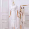 Kvinnor Mesh Puff Sleeve Sexig Bodycon Dress Fashion Square Neck Ruffles Ruched Dresses Club Party White 210603