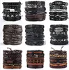 Pulseira de couro vintage moda mão-de malha multi-camada trançada penas folha pulseiras de crânio para homens hiphop punk jóia presente