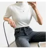 Zomer Koreaanse Dames Half High Collar Solid Modal Korte Mouw T-shirt Pullover Fashion White Balck Tops Vrouw 210607