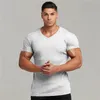 Erkekler V Boyun Kısa Kollu Tişört Fitness İnce Fit Spor Şeritleri Tshirt Erkek Katı Moda Tees Üstleri Yaz Örme Gym Giyim 220616