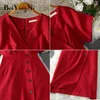 Beiyingni Office Ladies Dress Elegant Buttons Casual Slim Vintage Romance Party Women Dress Red Pink Yellow Vestidos Mujer Y0603