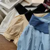 Mulheres Blusas Camisas Terokinizo Tops Curtos Slow Sleeve Blusa Mulheres 2022 Verão Contraste Color Desligue Collar Estilo Coreano Blusas Muje